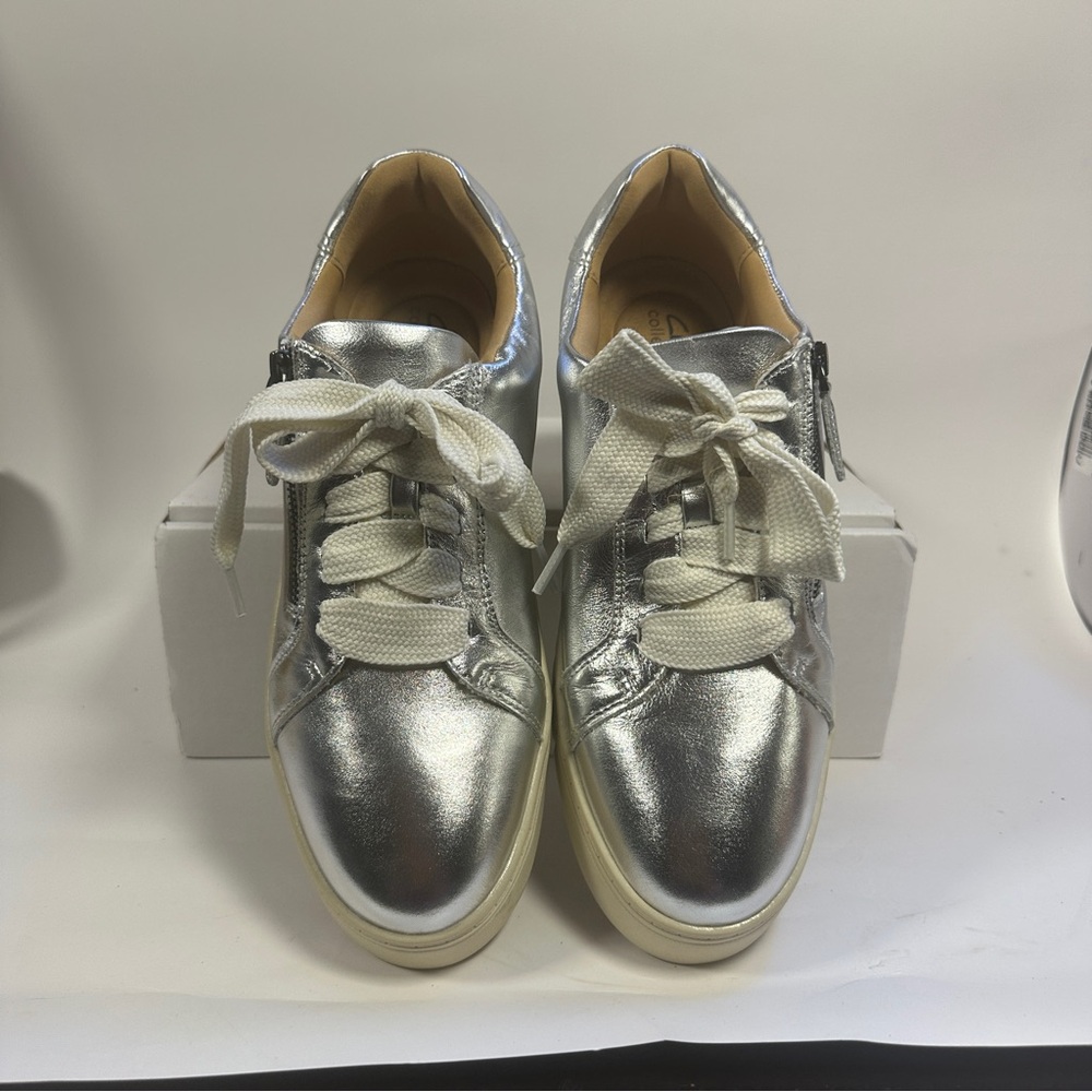 Clarks Silver Leather Sneakers Platform Zip Lace Comfort Shoes Size 12 NIB